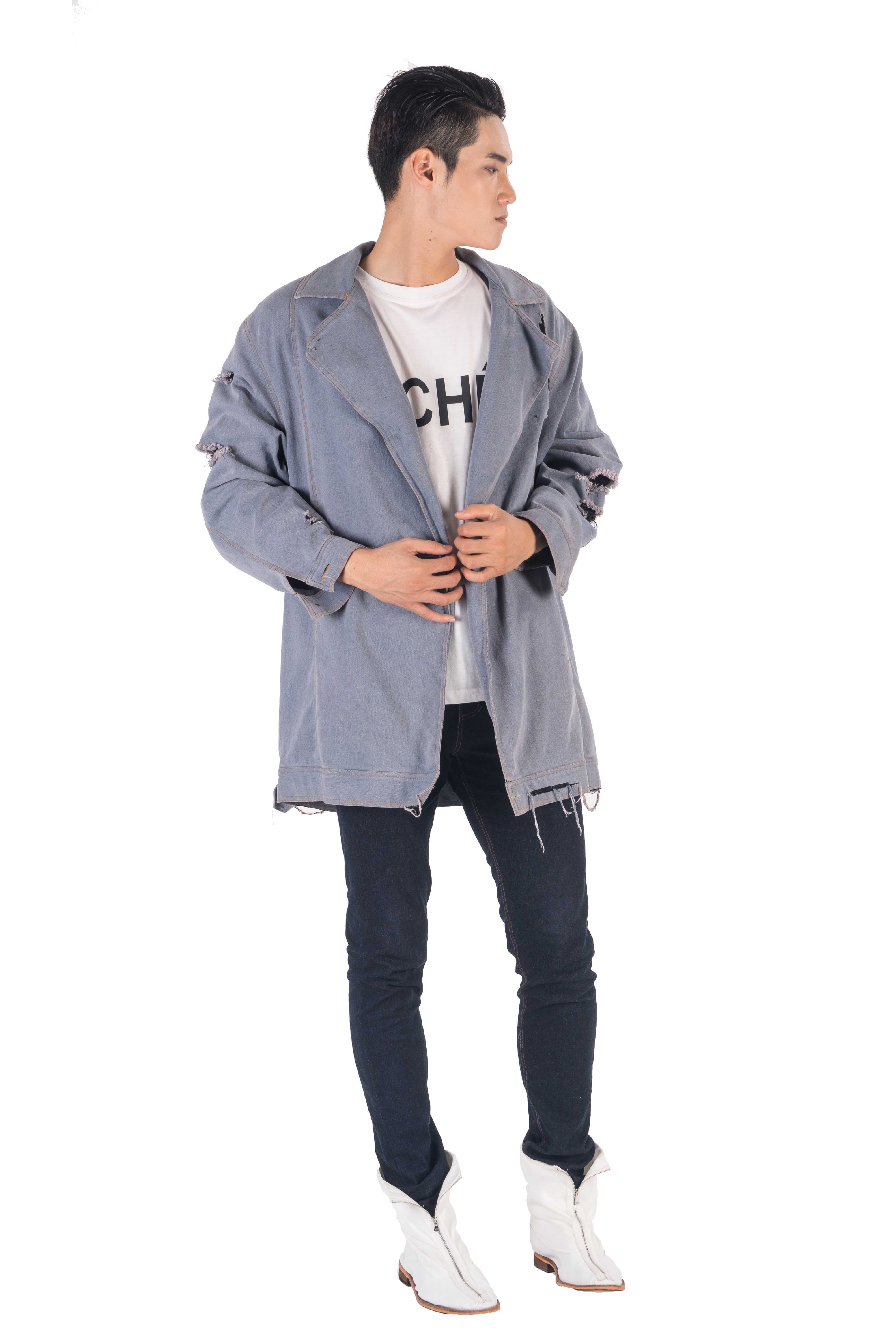 Greyish blue distressed long double breasted jacket with ripped details