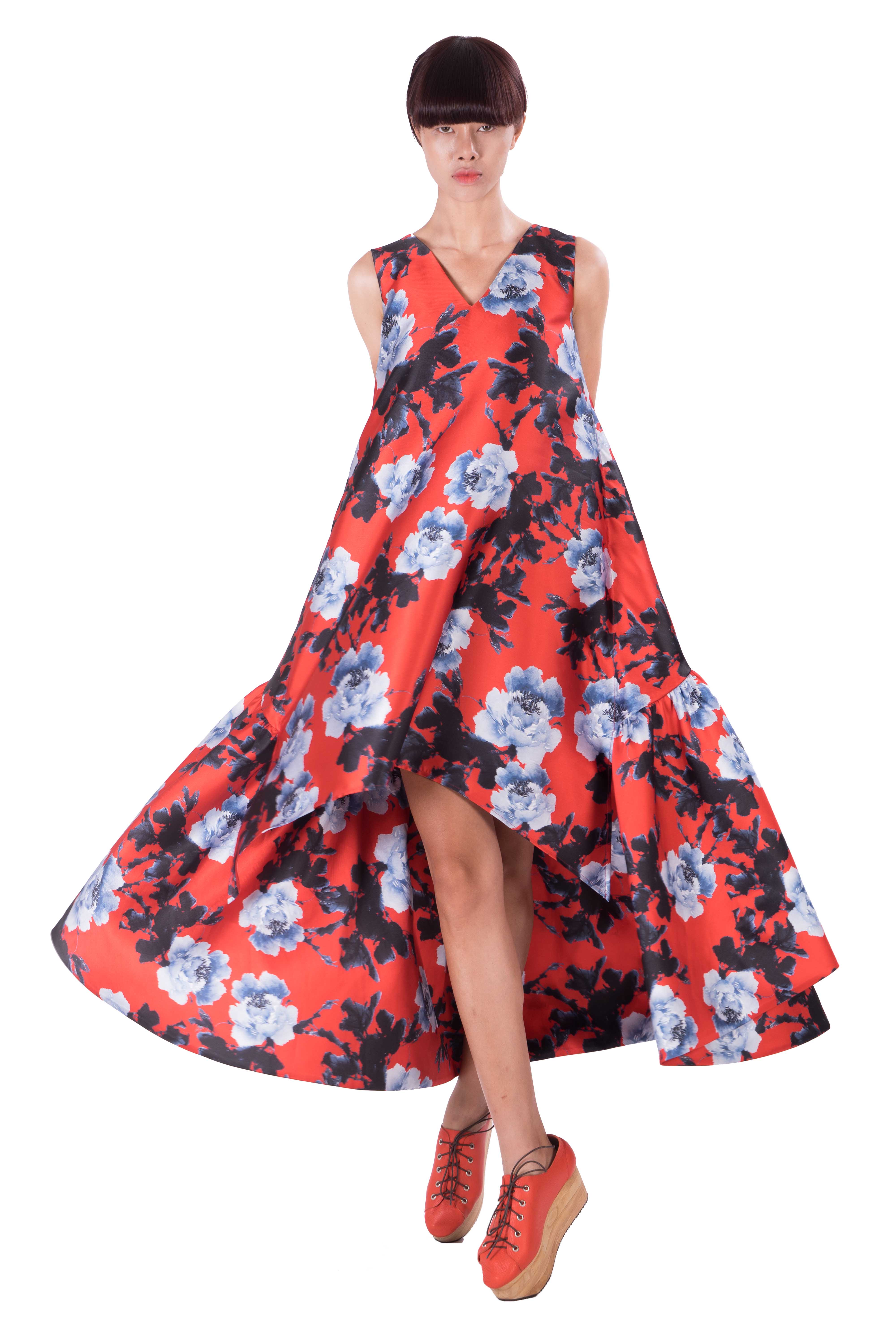 Red taffeta dress with white, grey and black flowers 2