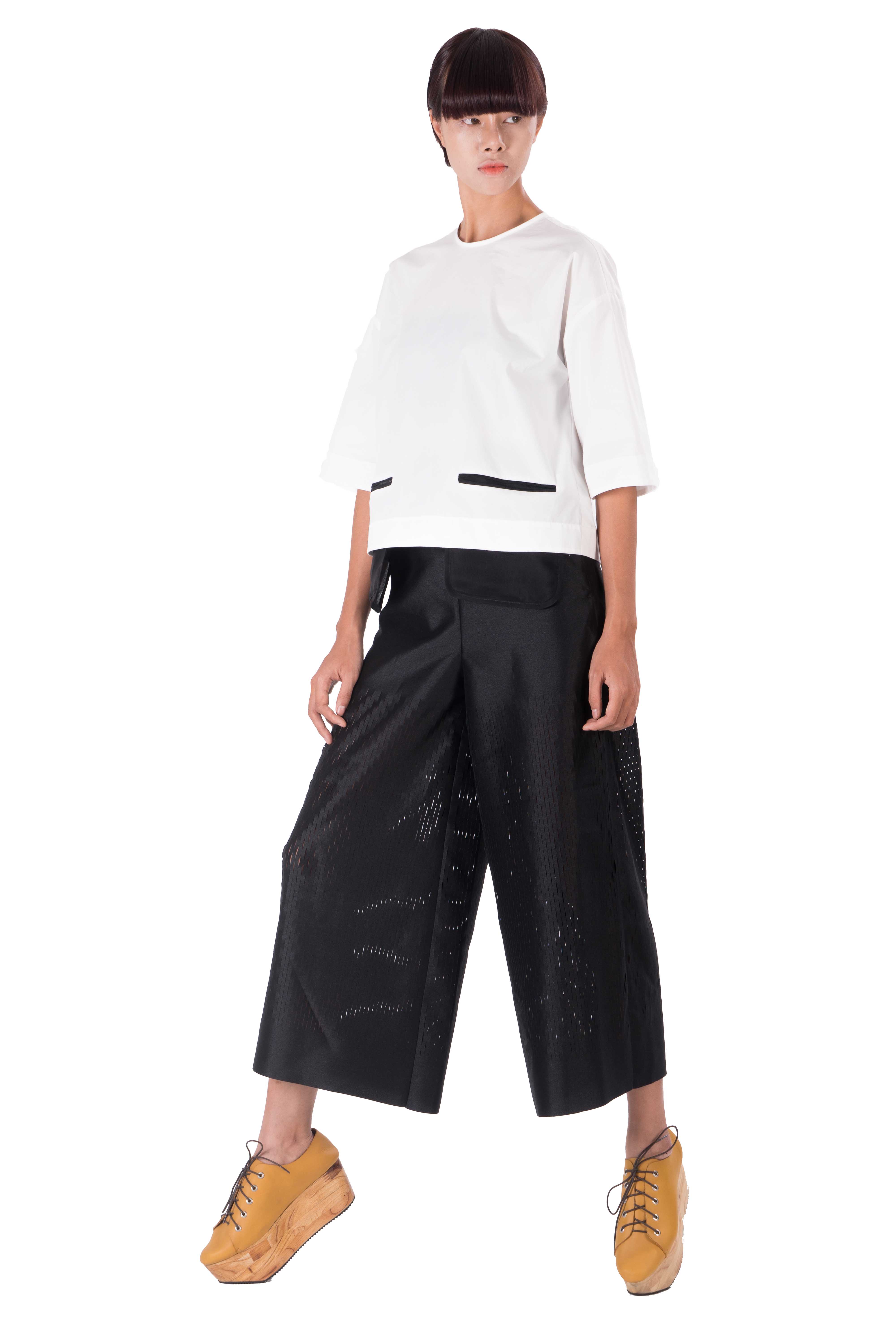  Taffeta culottes with laser cut out detailing starting below hips