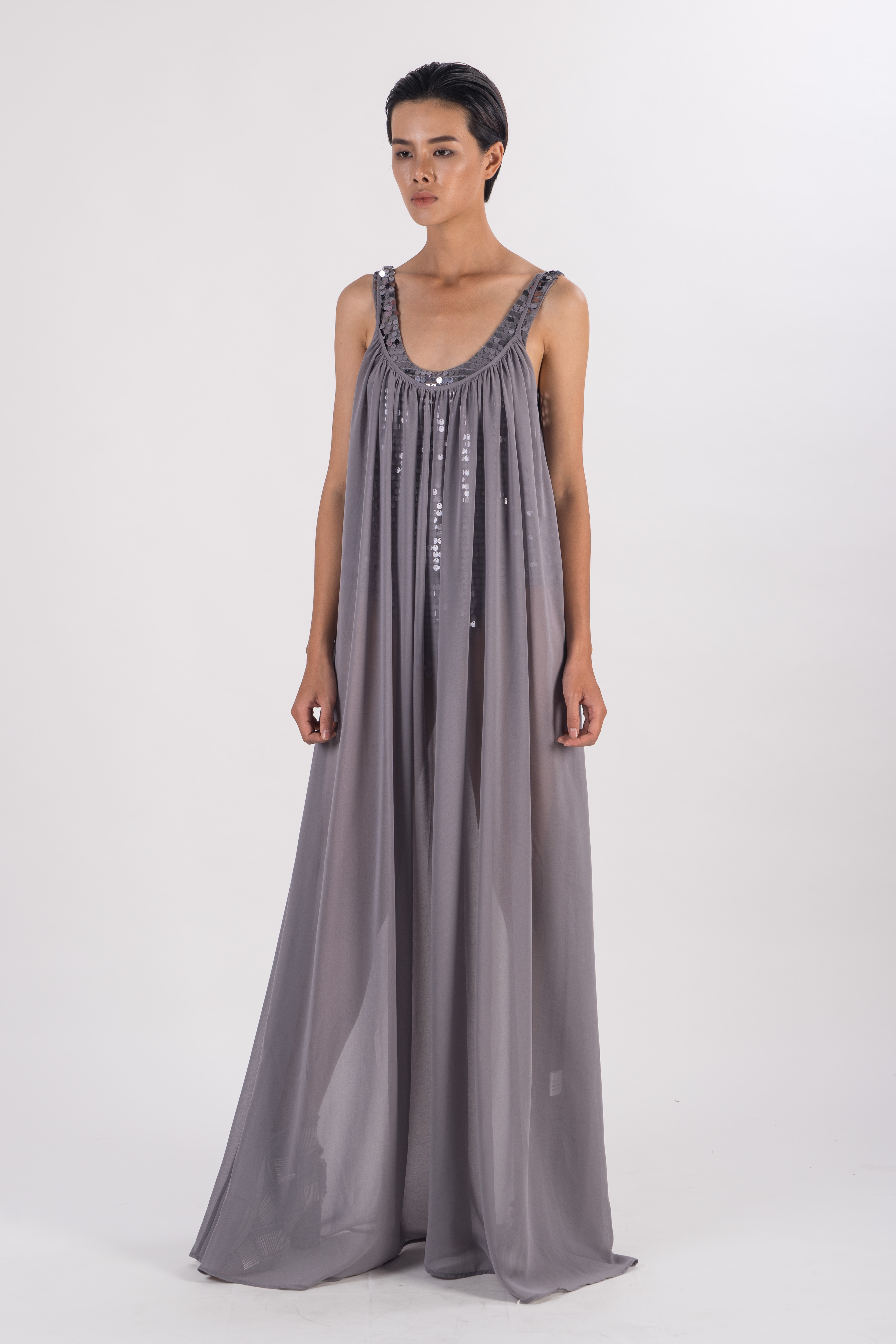 Grey chiffon maxi slip dress