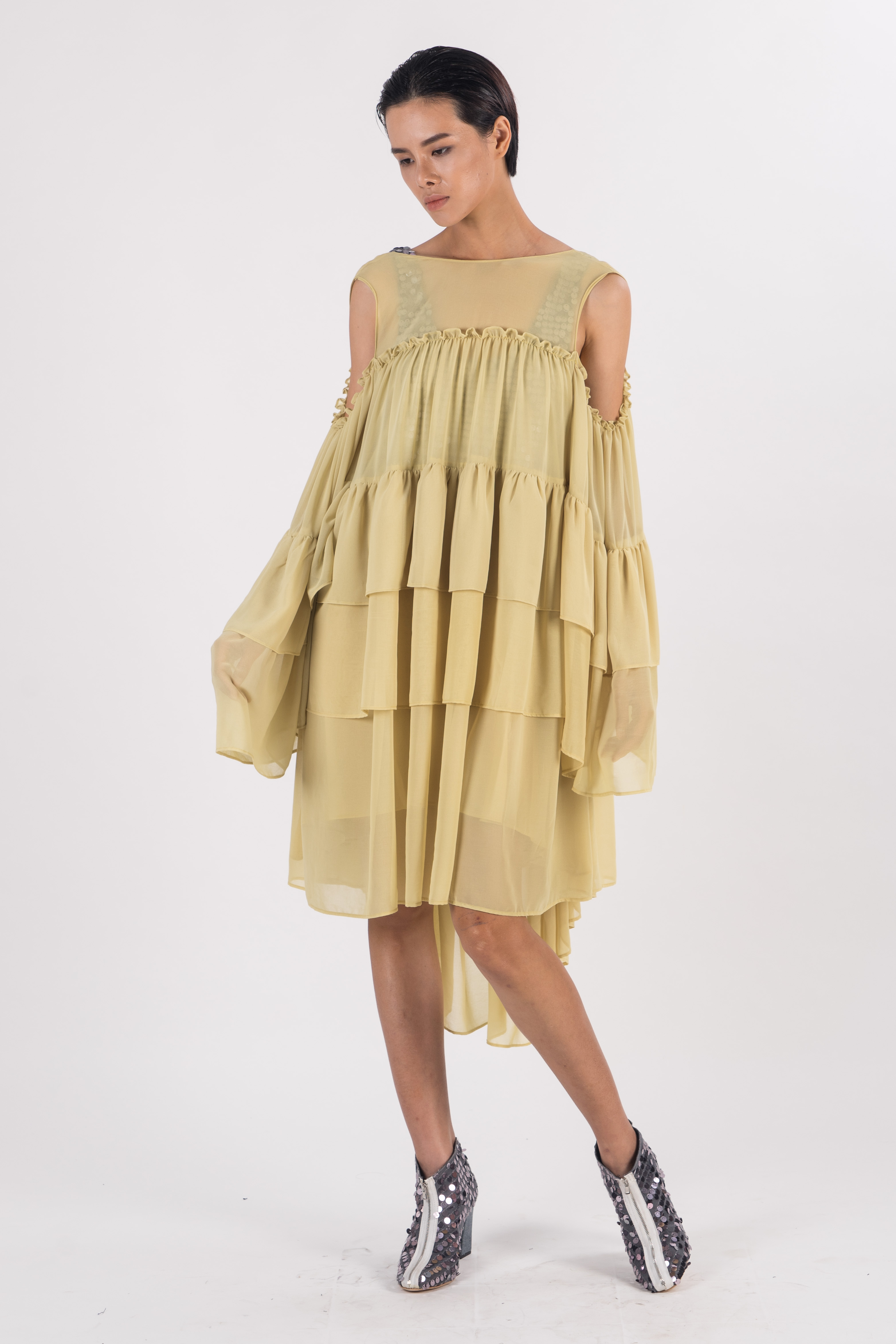 Cold shoulder chiffon dress with ruffle gathered layers 