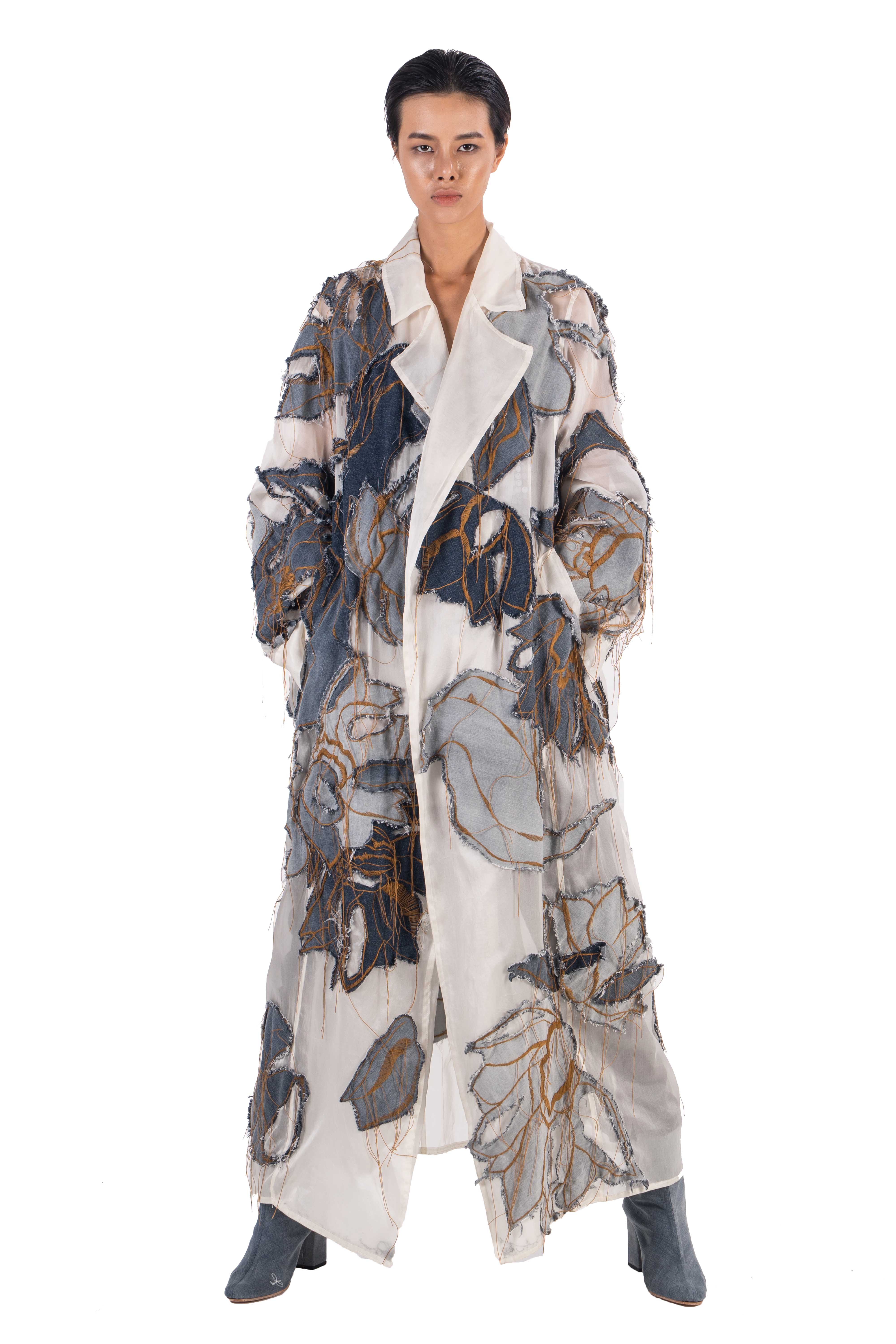 Silk organza long coat with hand embroidery and applique jean lotus flowers and leaves