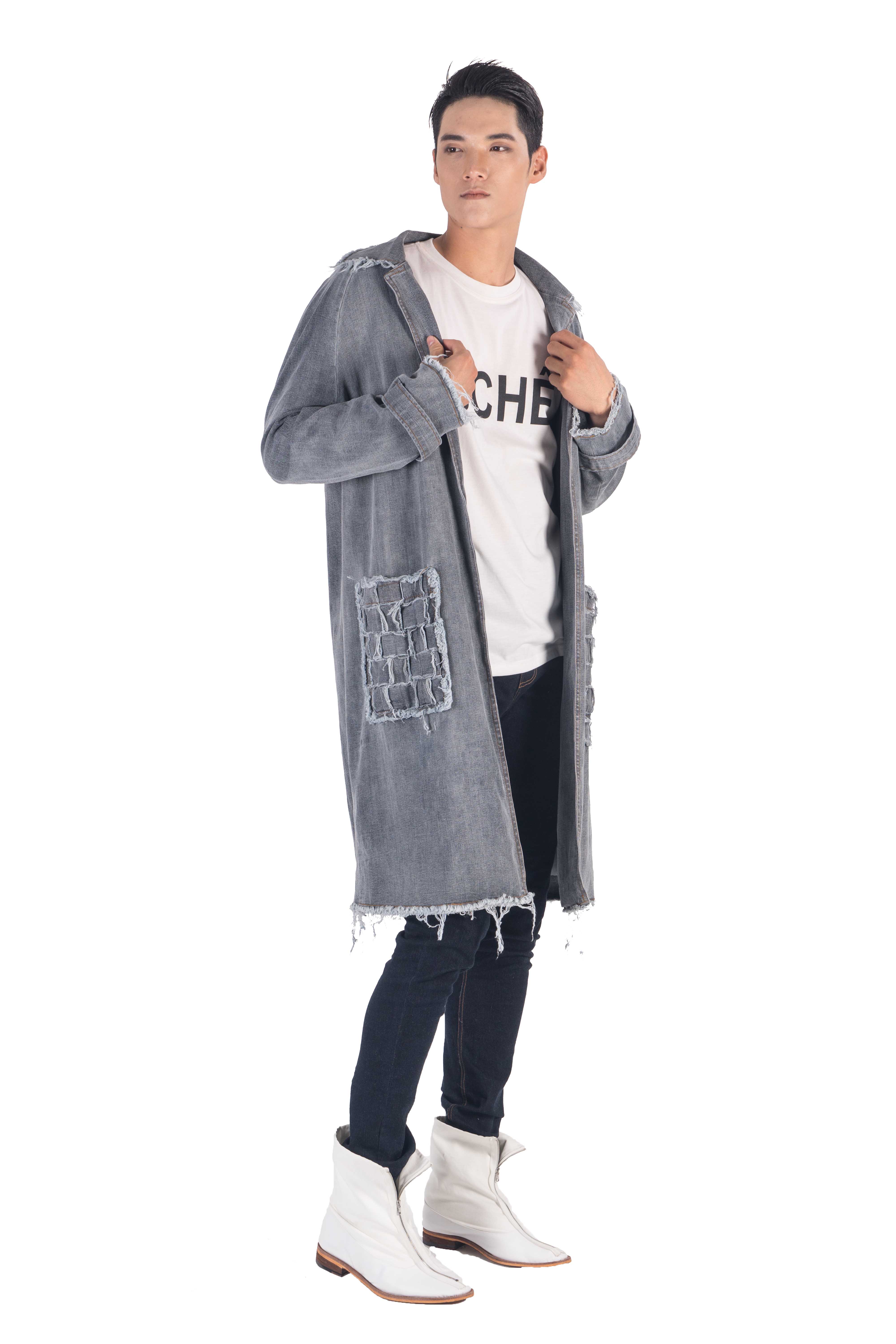 Washed greyish blue denim coat with front hand woven pockets