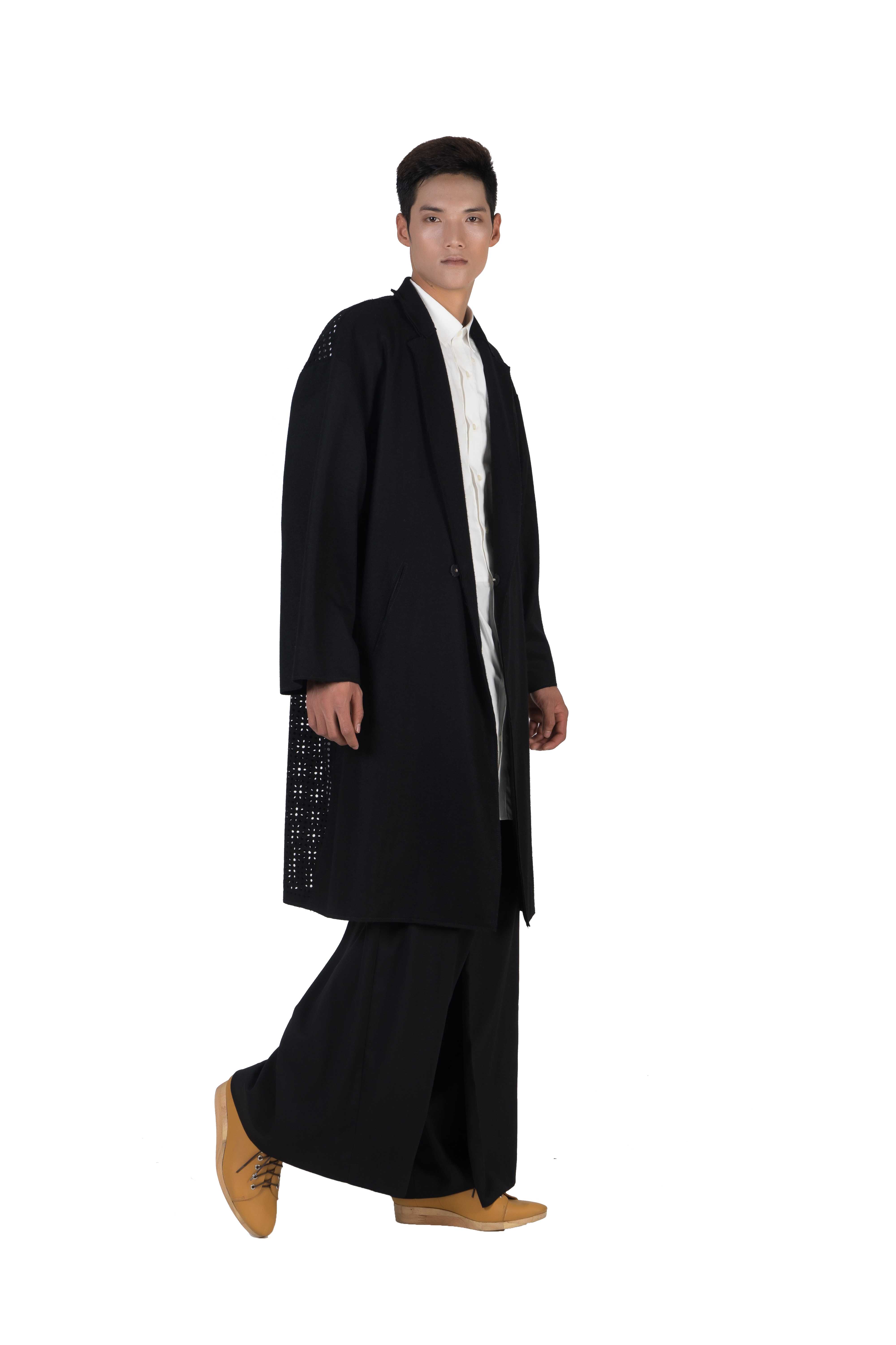 Knee length wool blend coat with laser cut out detailing
