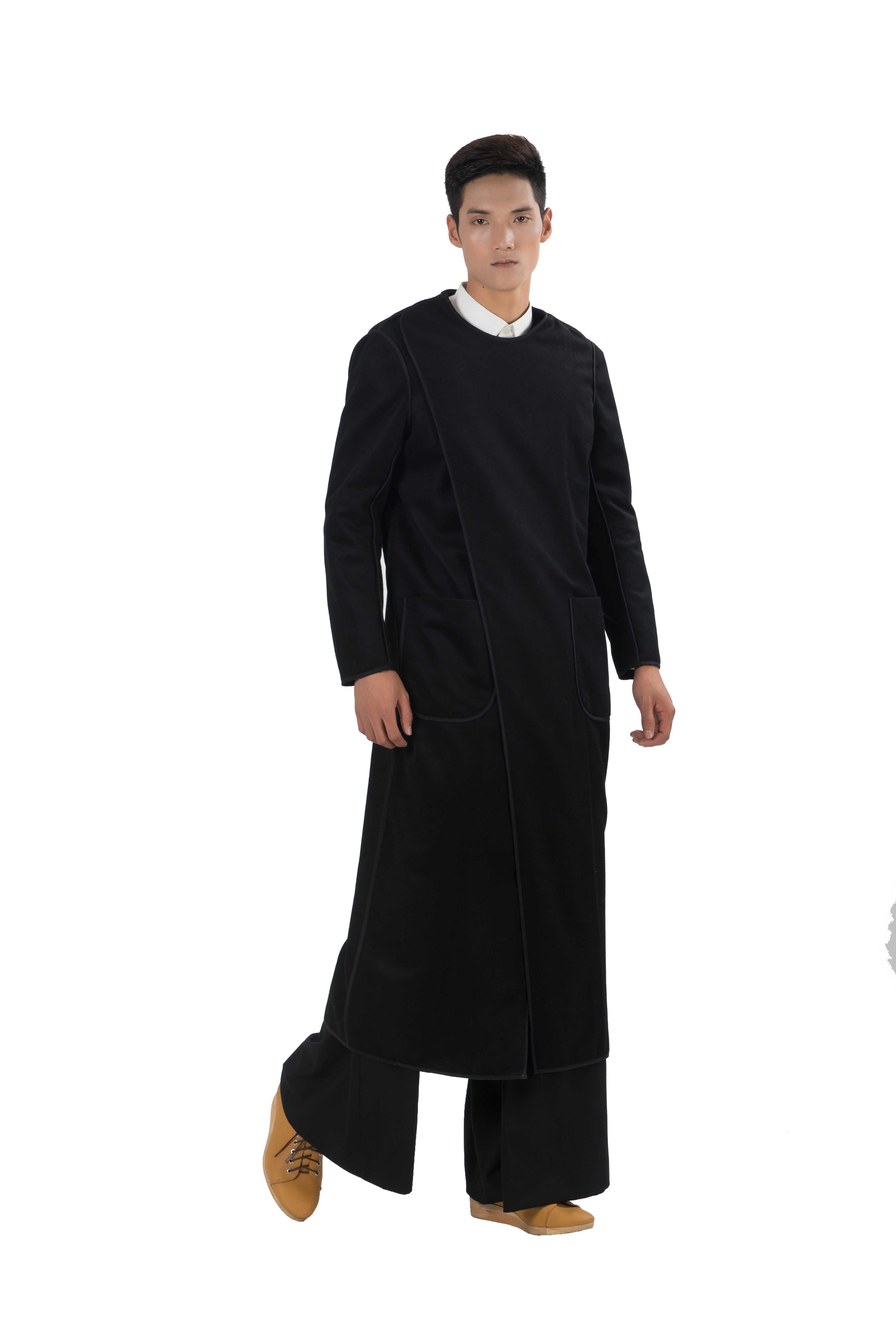 Long wool blend black belted coat wool
