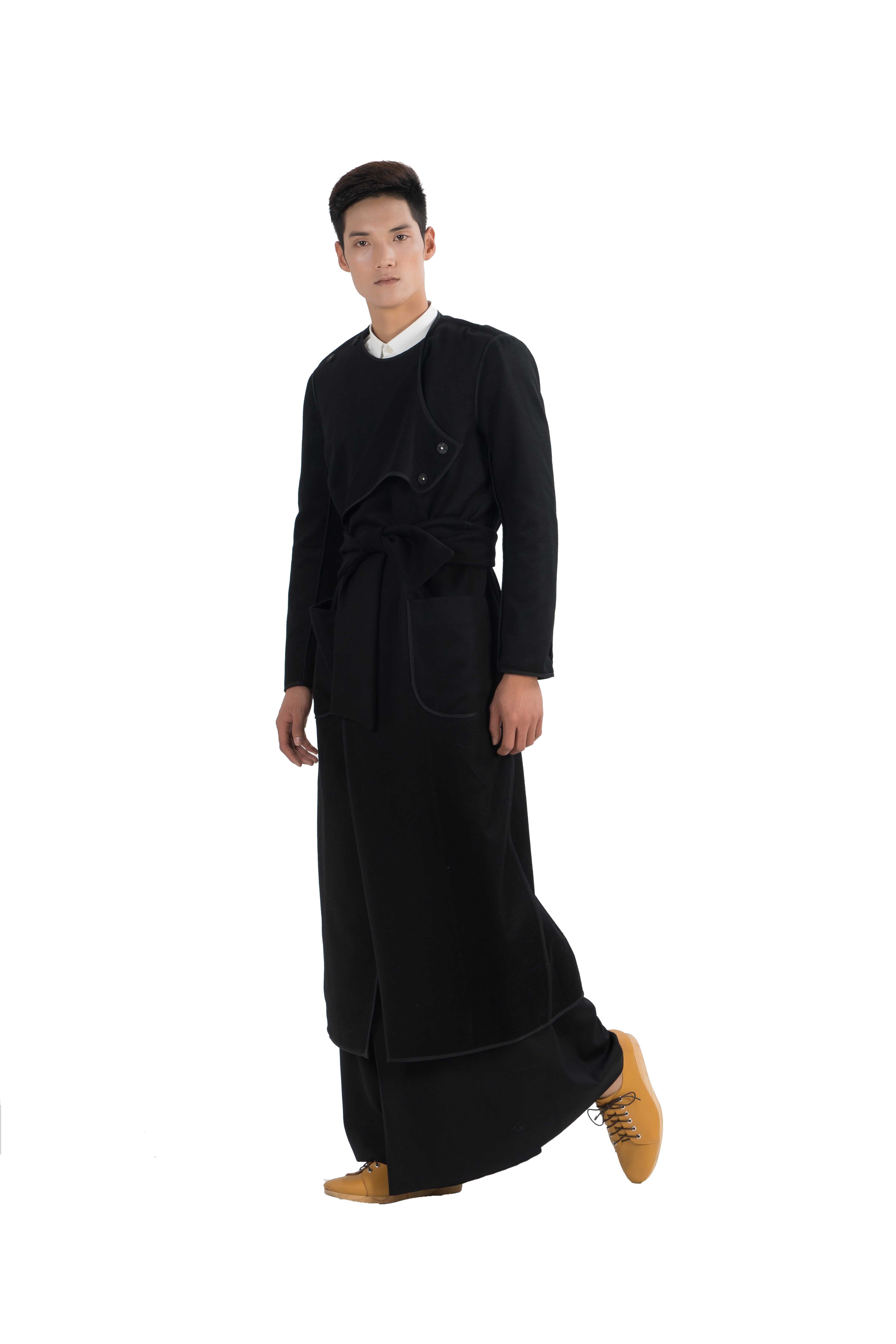 Long wool blend black belted coat wool   