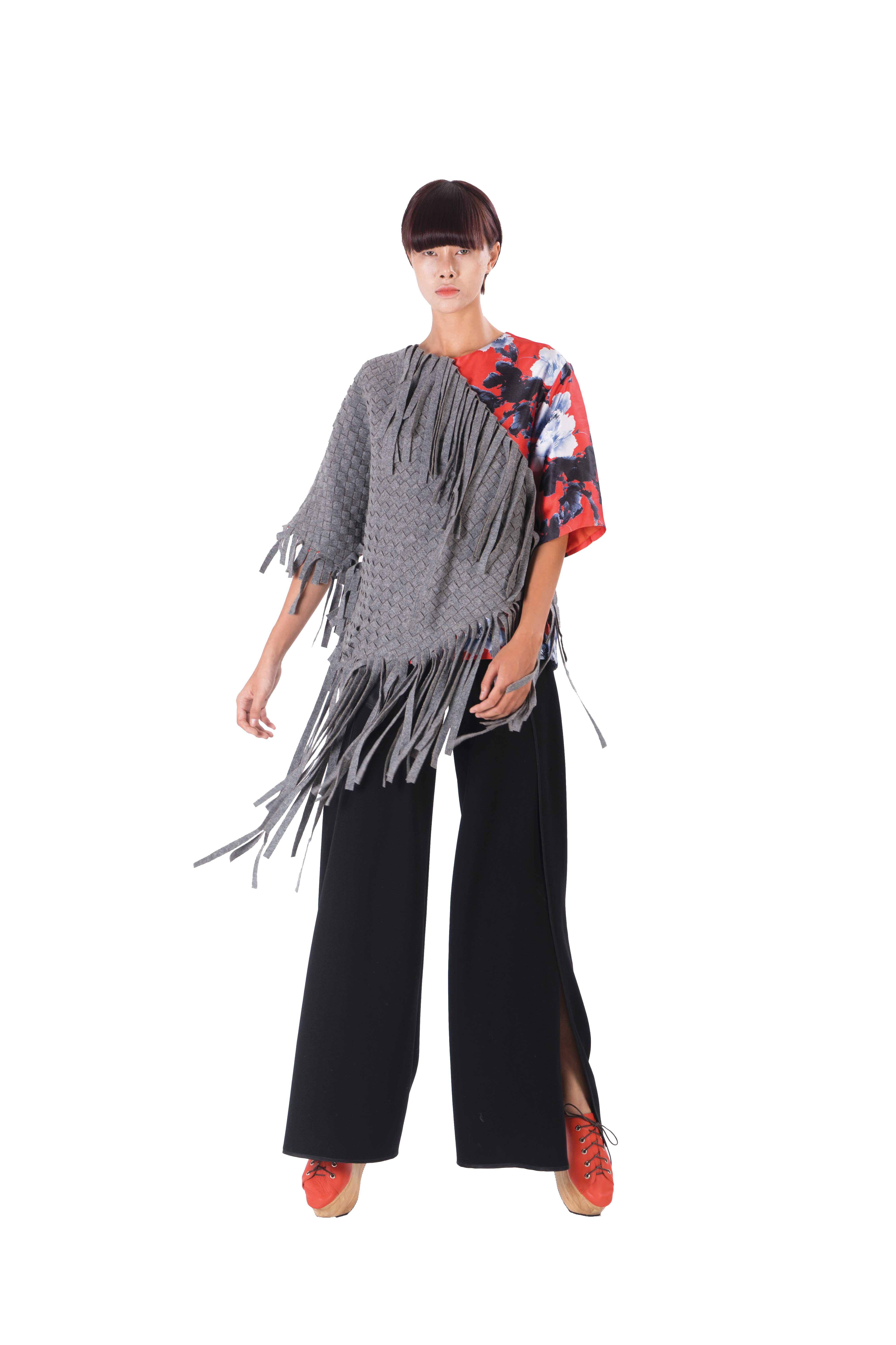 Two tone contrasting boxy loose fitting top with hand woven details