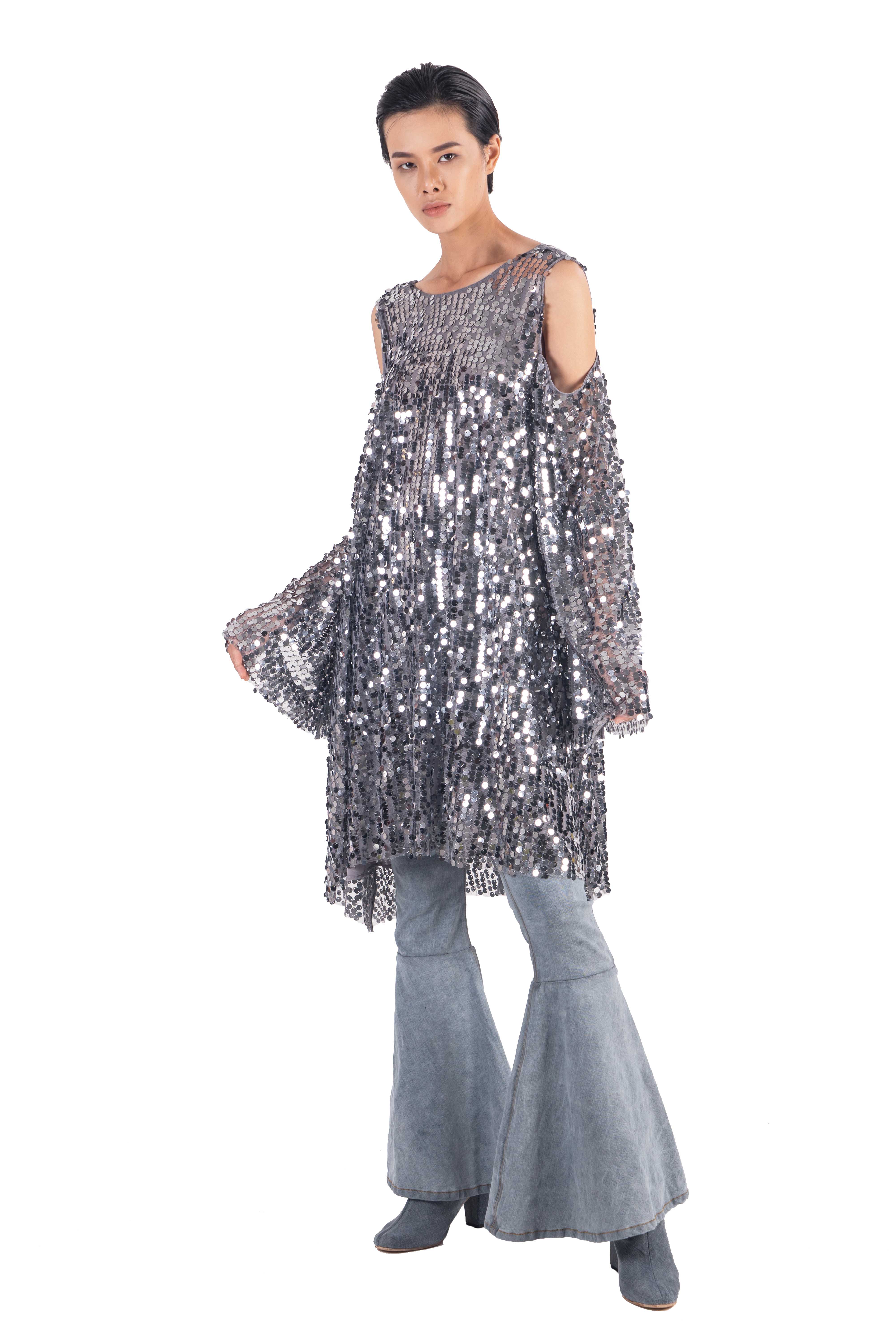 Sequin mesh cold shoulder tunic dress