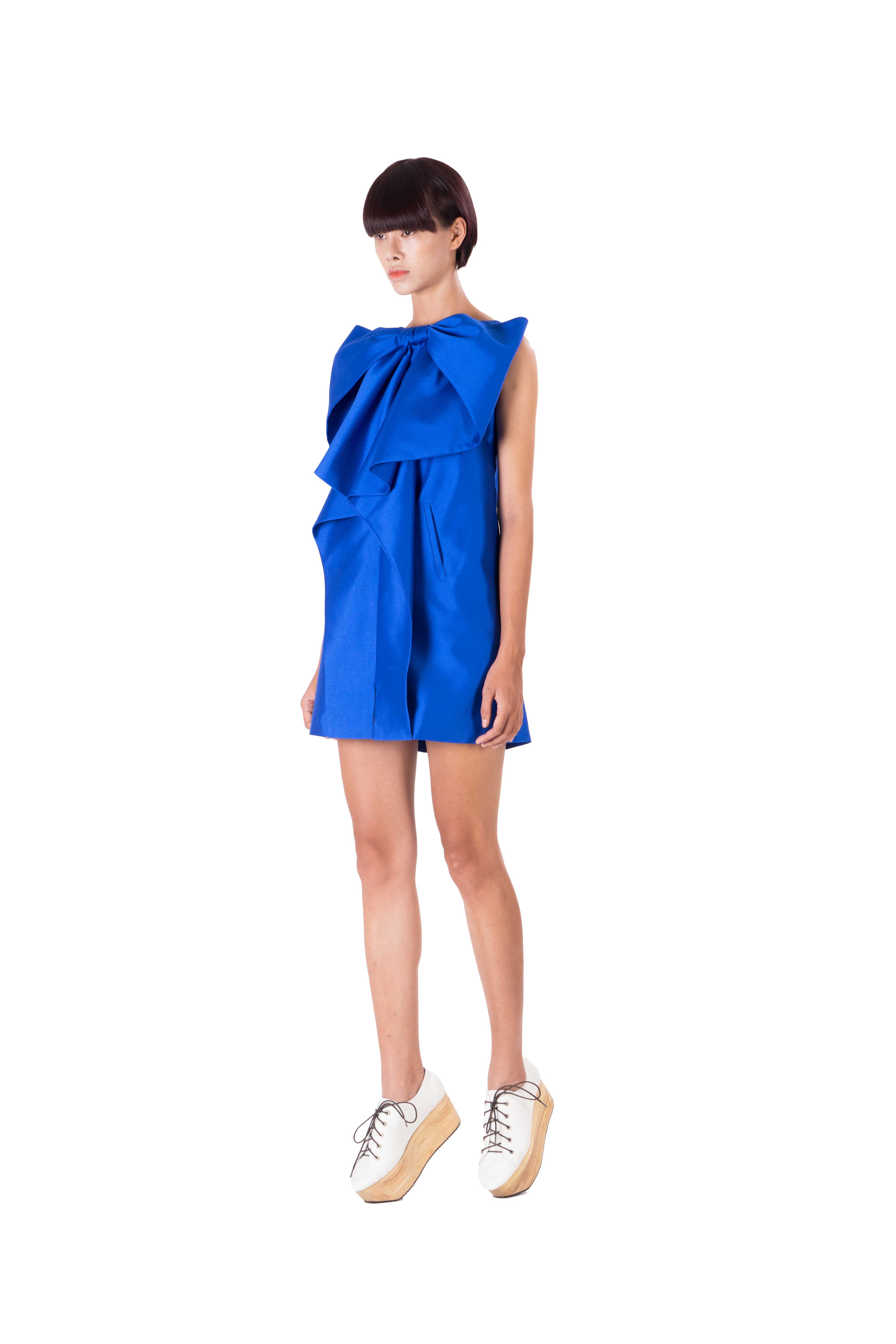 Blue cocktail dress with big bow at front