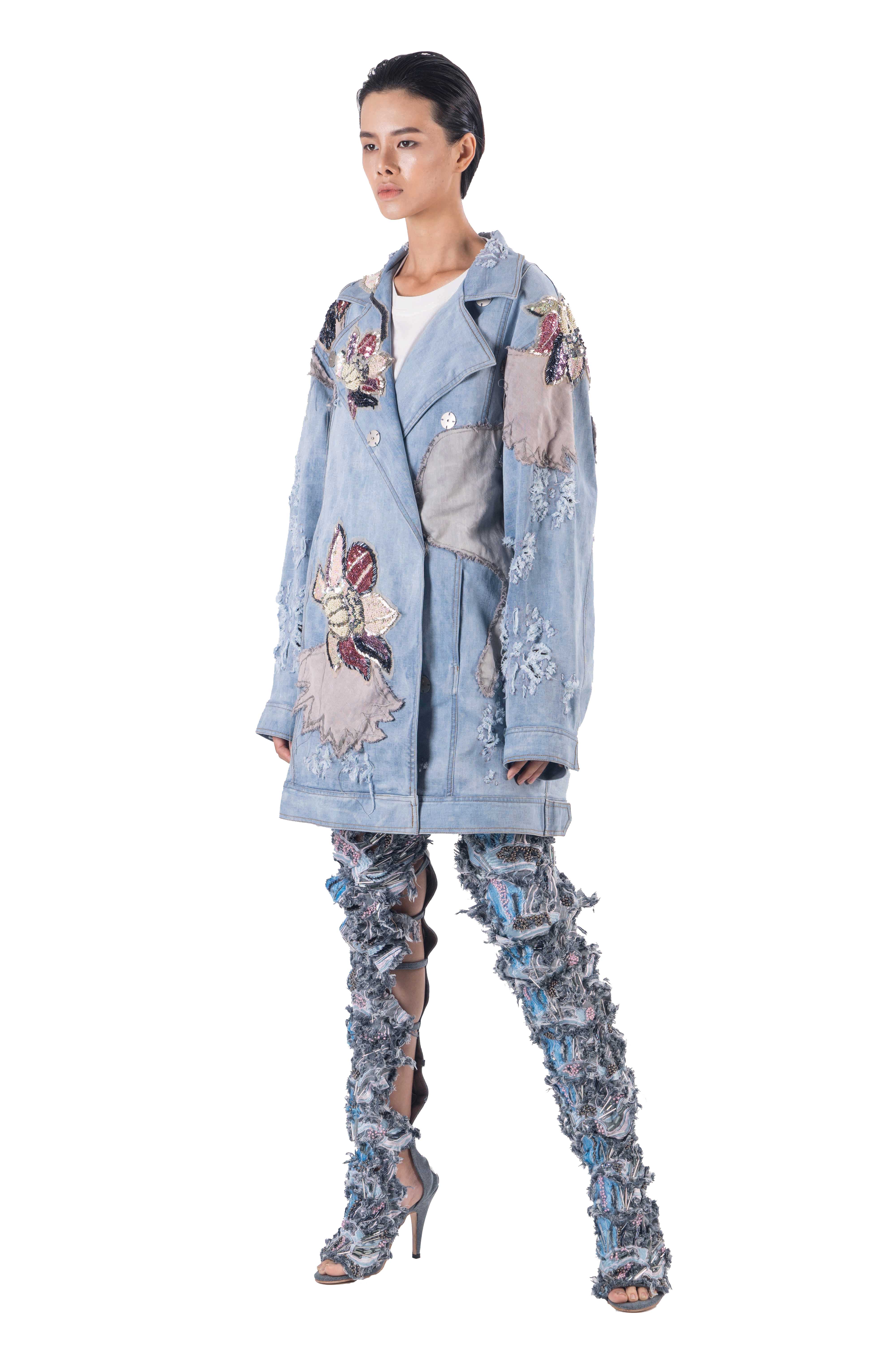 Blue distressed denim long jacket with ripped details, sequined lotus flowers and embellishment