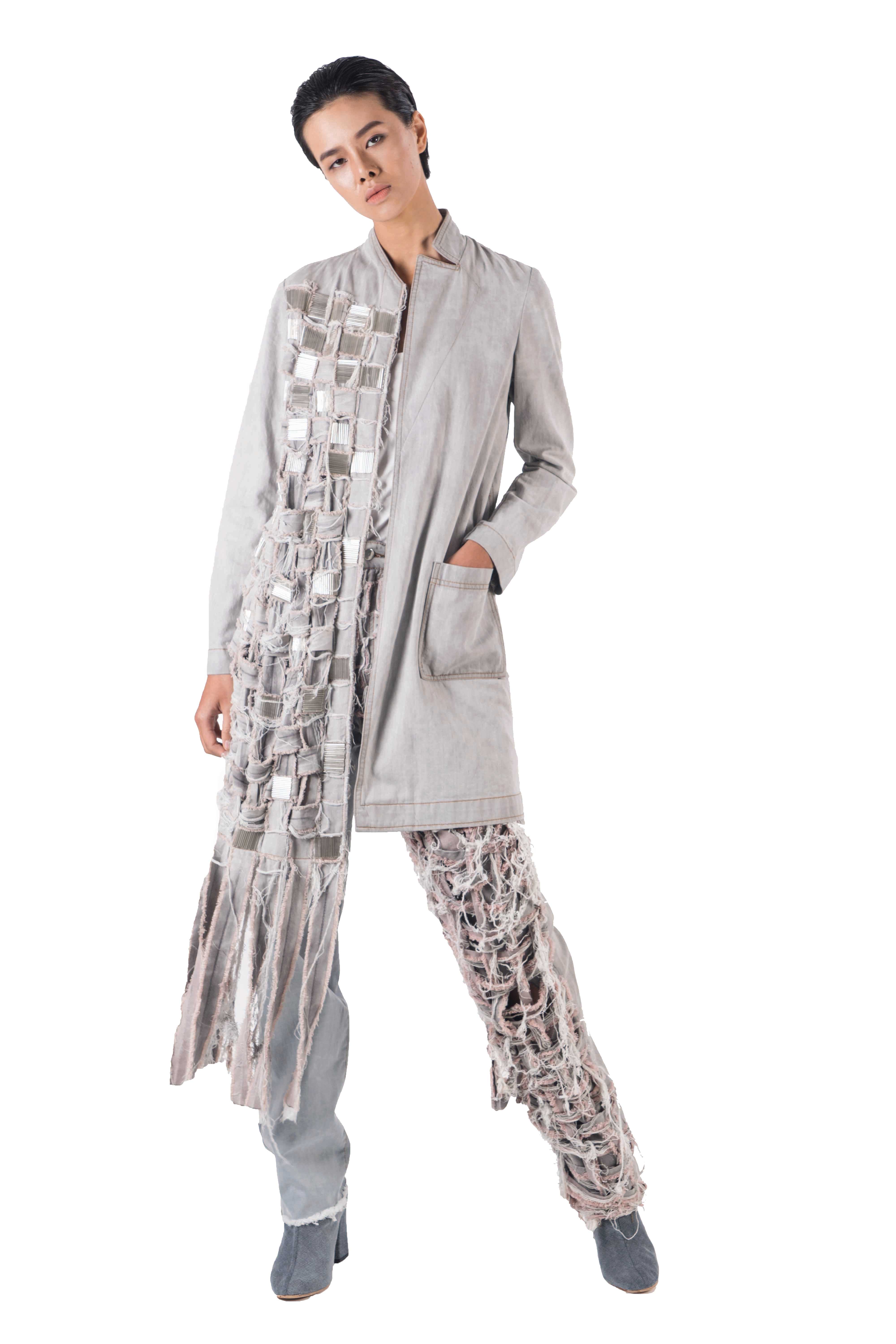 Grey distressed denim long jacket with hand woven front right handside panel with hand applied embellishement