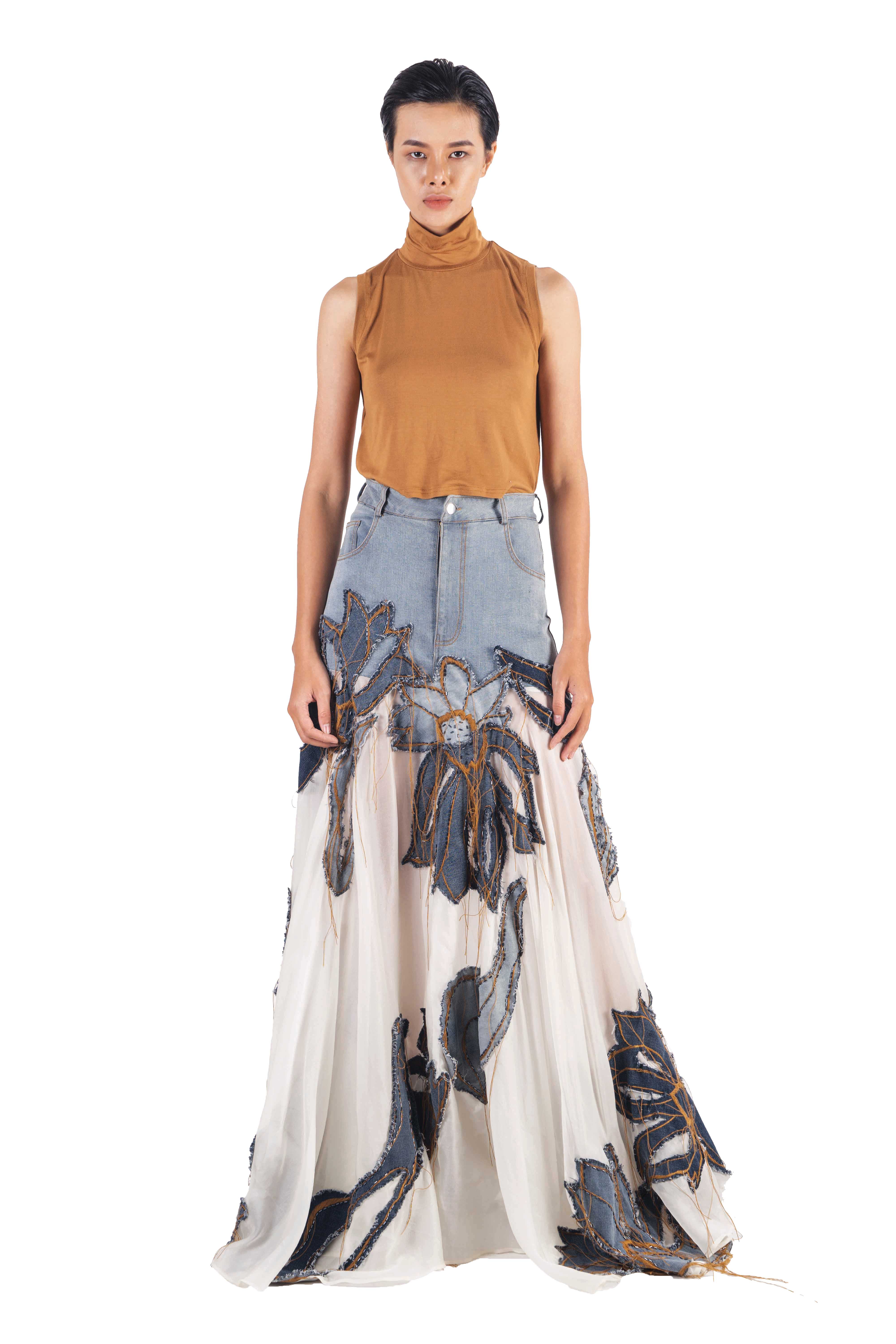 Contrasting long denim and silk organza high waist skirt