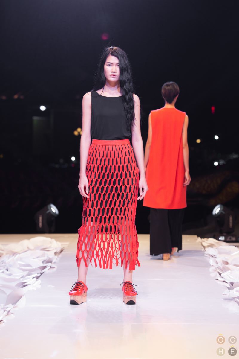 Orange wool blend laser mesh skirt