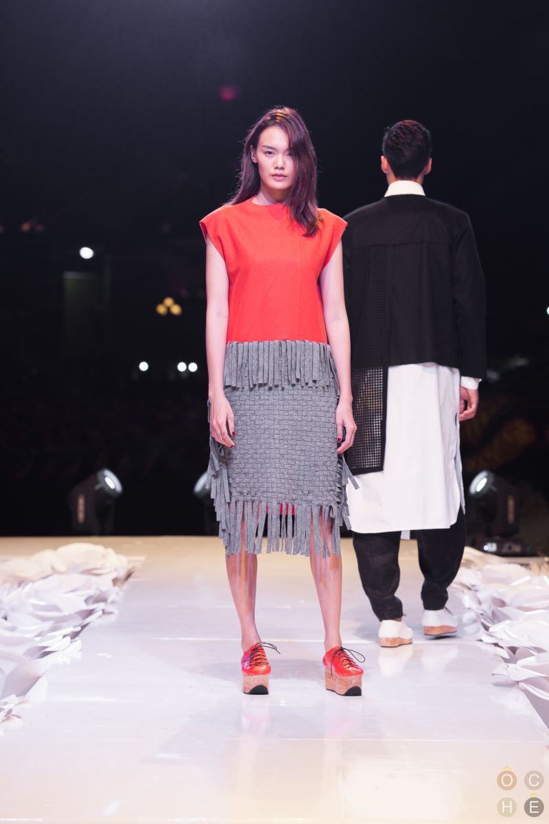 Box dress with front hand woven panel.