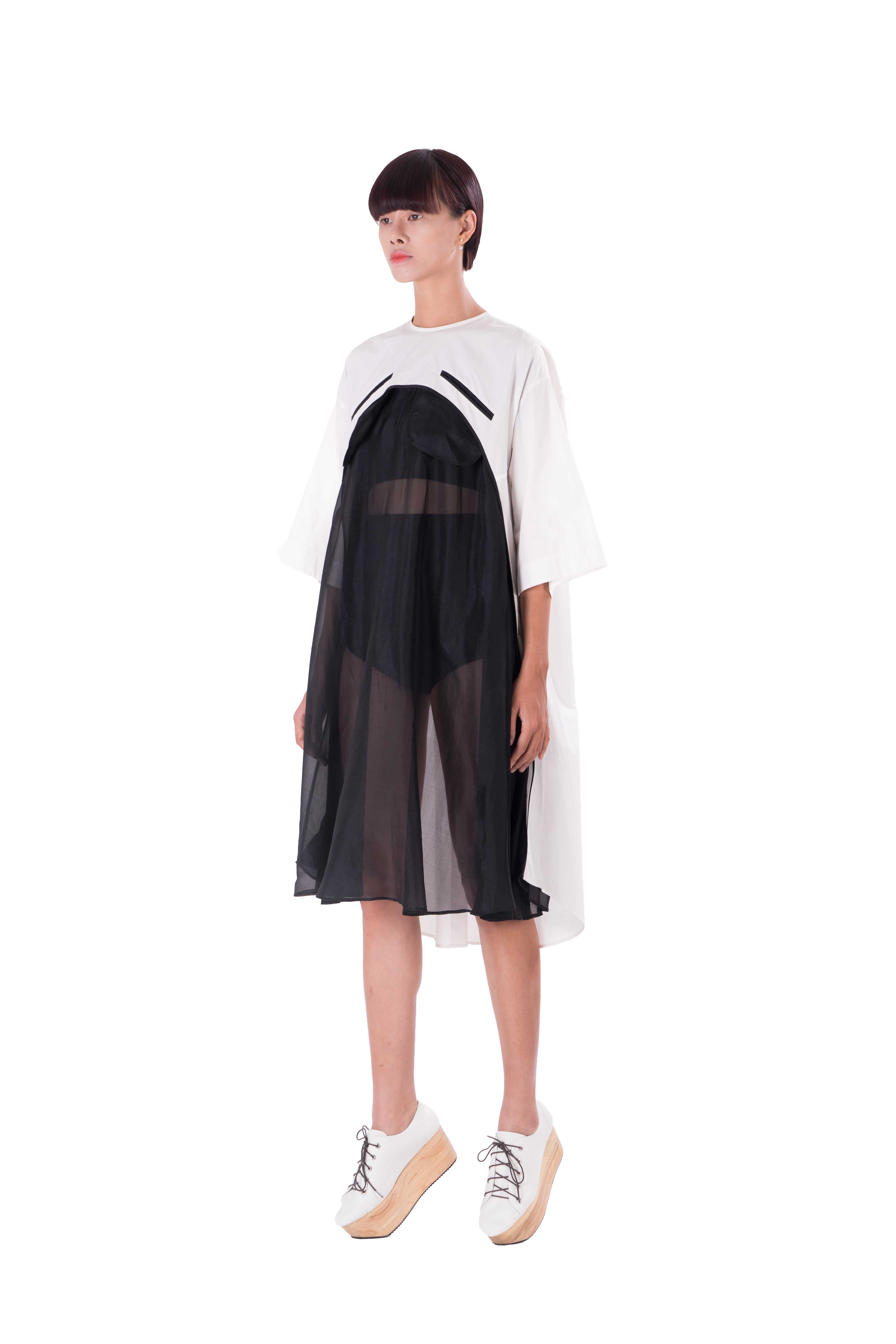 Black and white short sleeves kimono A line tunic