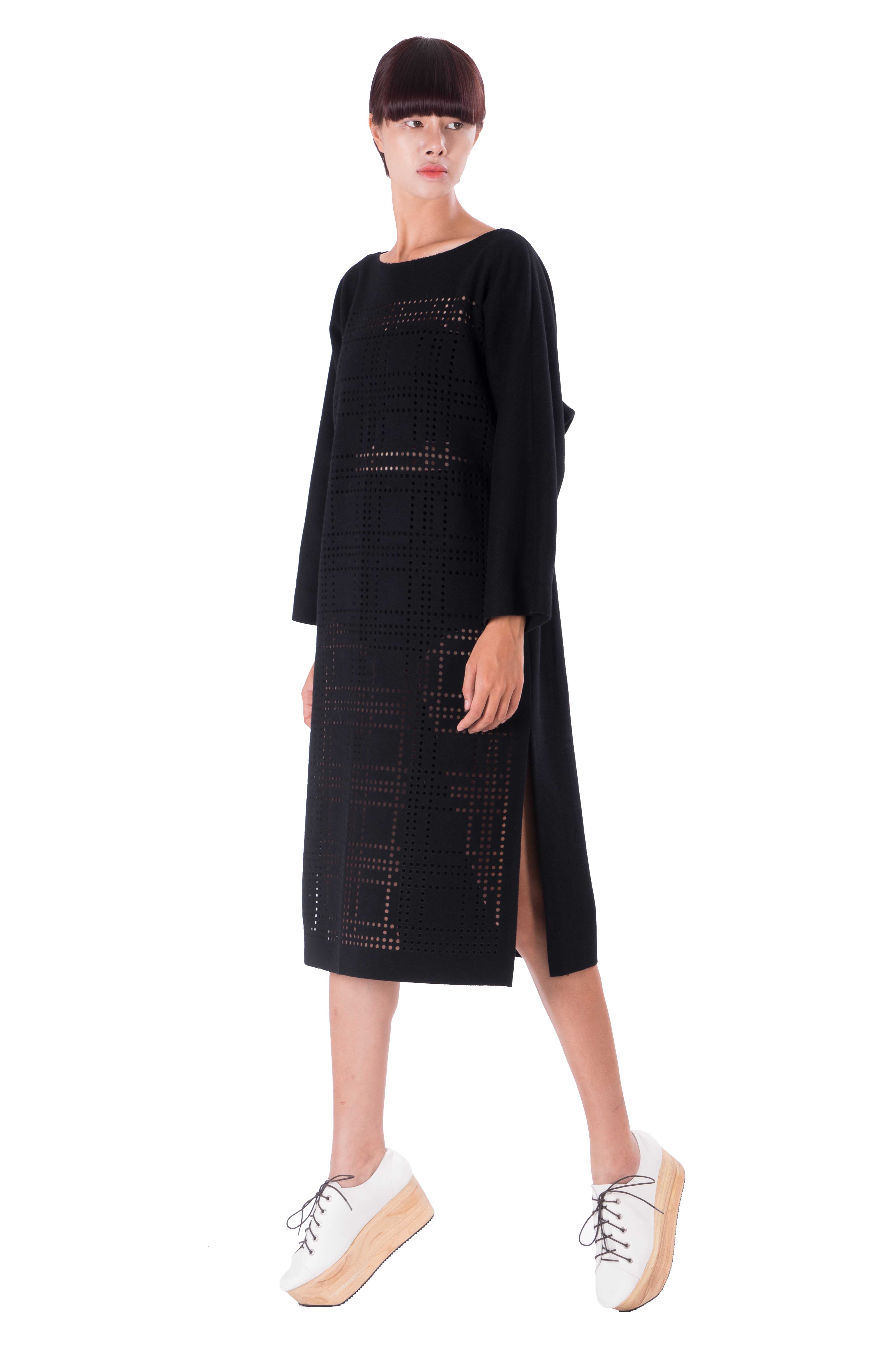 Kimono sleeves style dress with laser cut outs with contrasting orange lining  