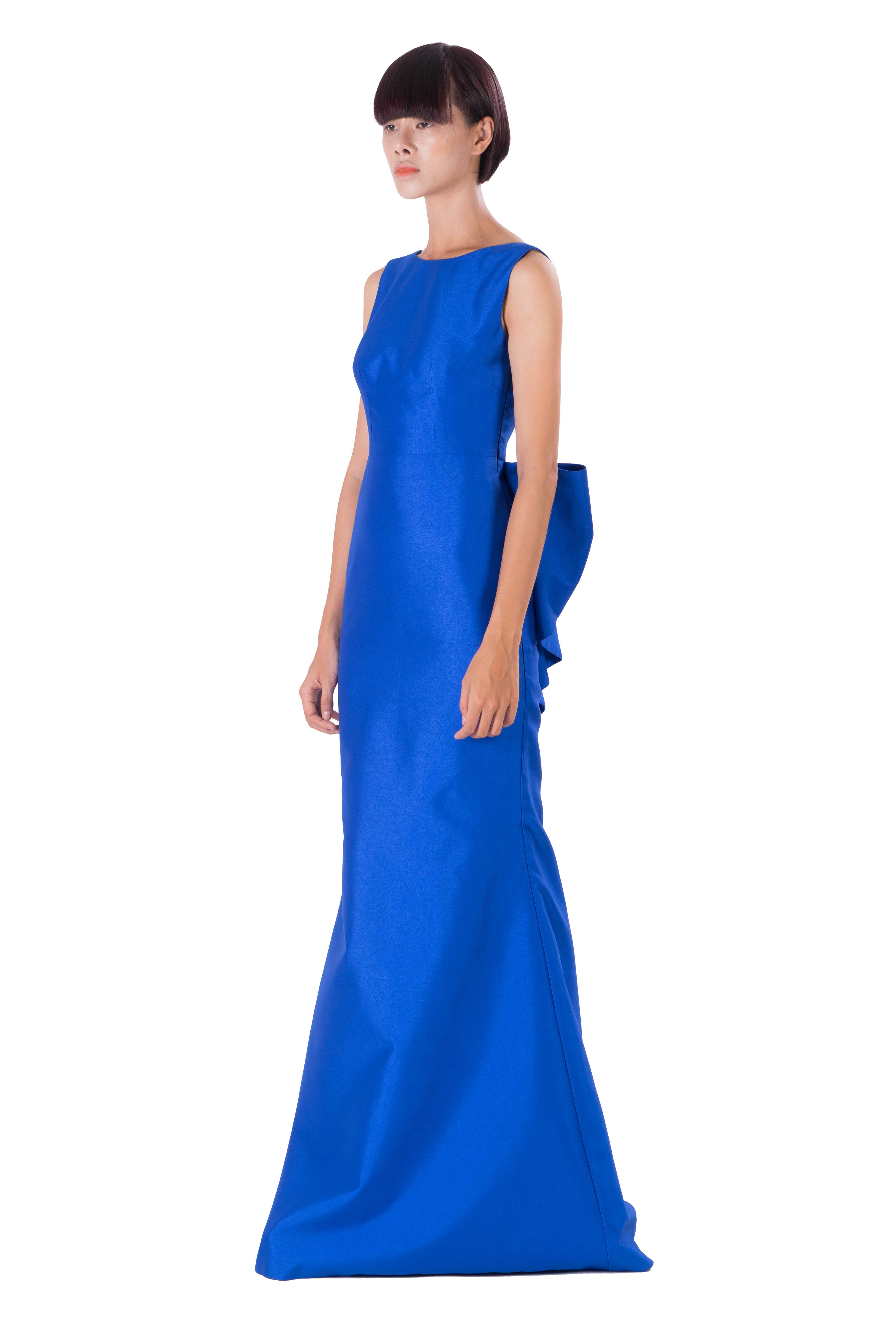 Blue evening dress with big bow at back