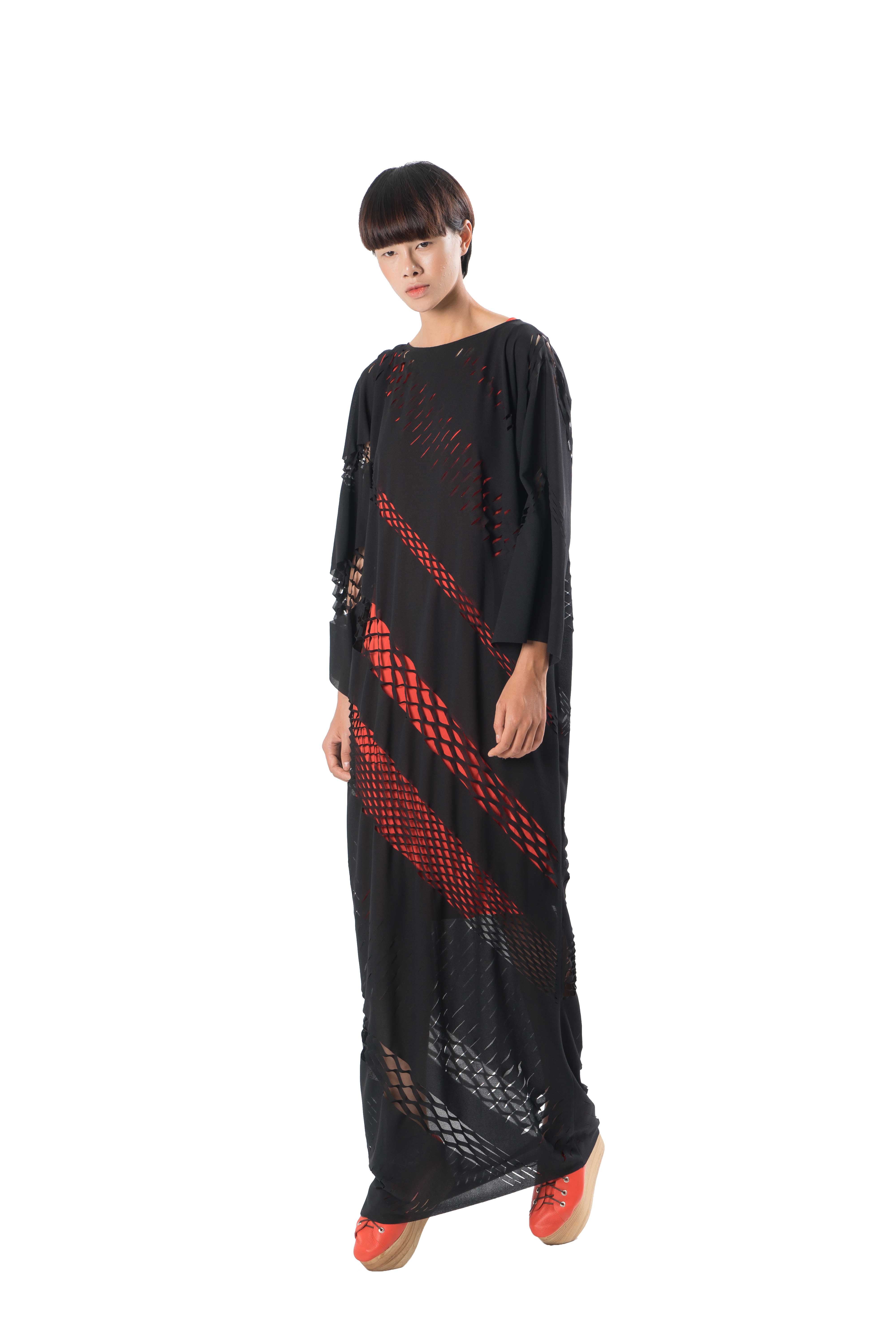 Long black dress with kimono style sleeves with laser cut out detailing