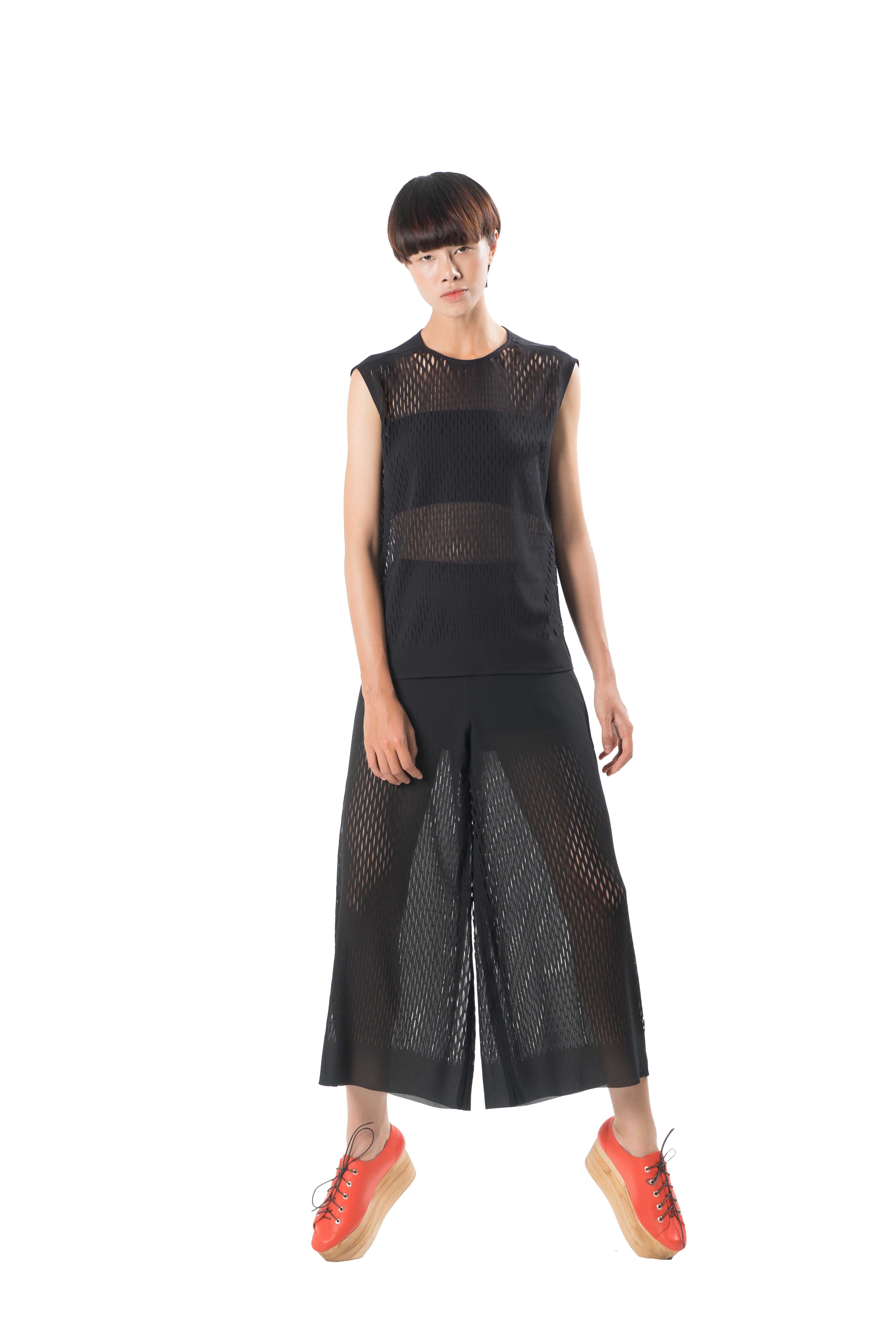 Black see through soft viscose sleeveless top with all over laser cut out detailing