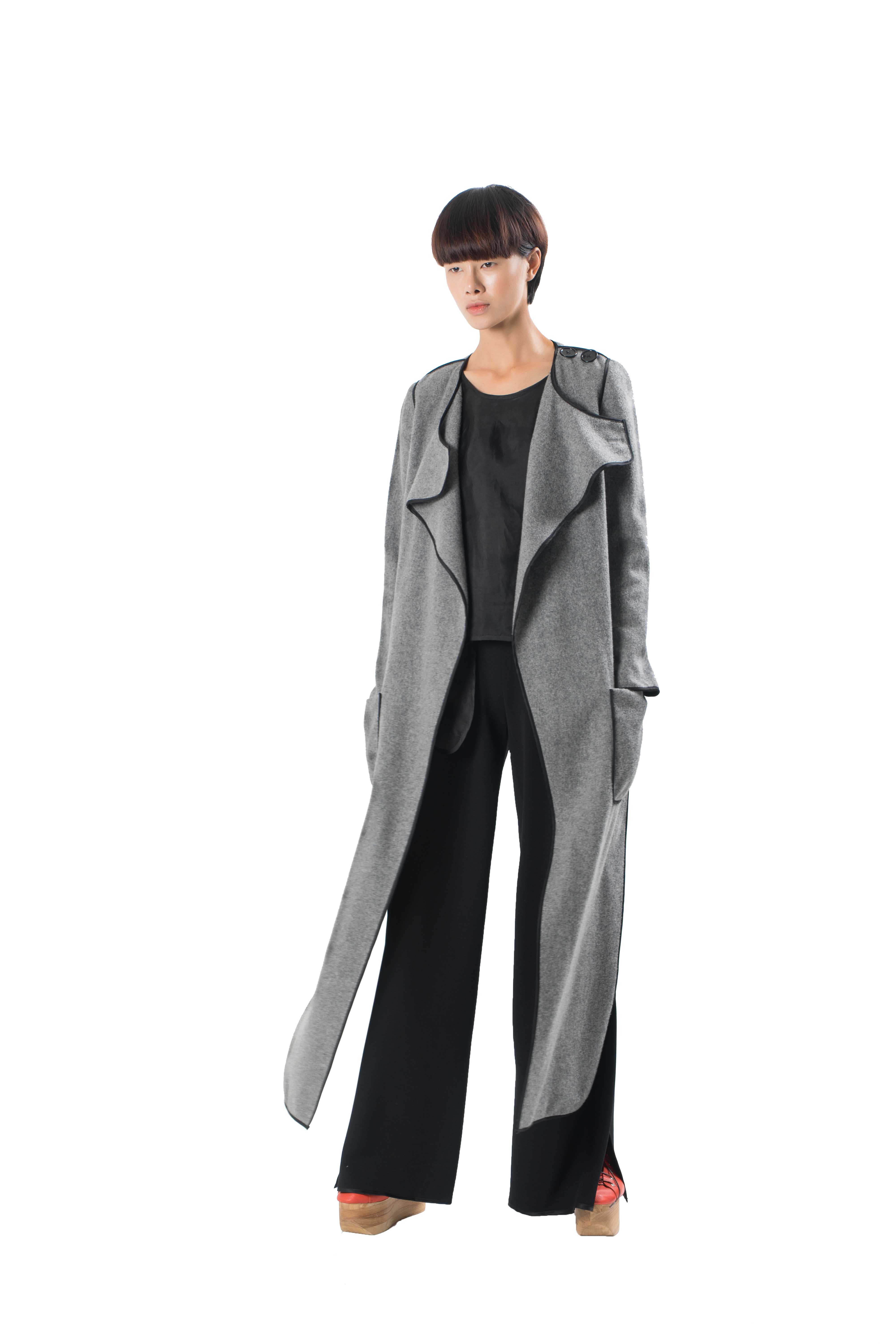 Long grey coat at front with short waist line at back