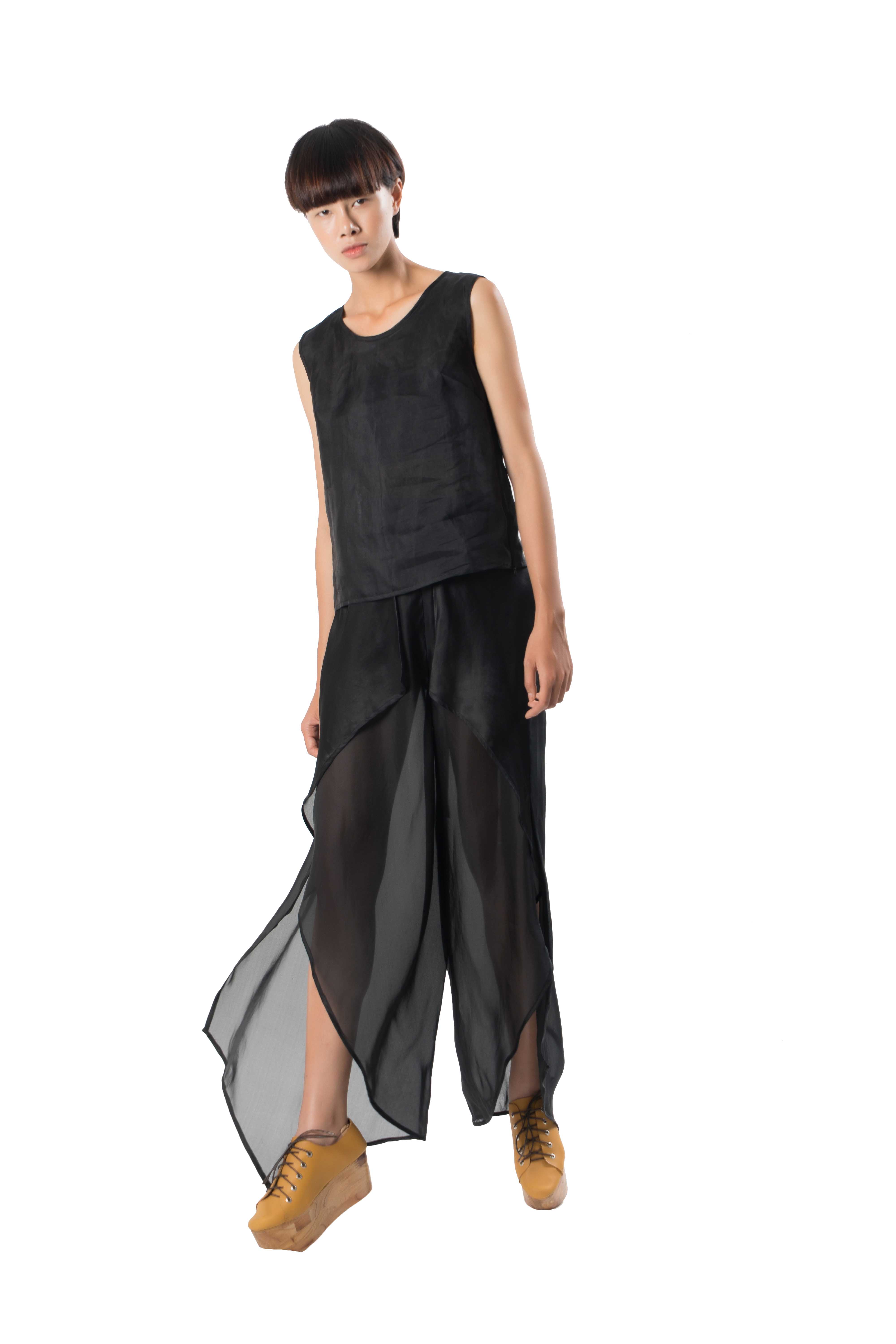 Transparent black silk organza trousers