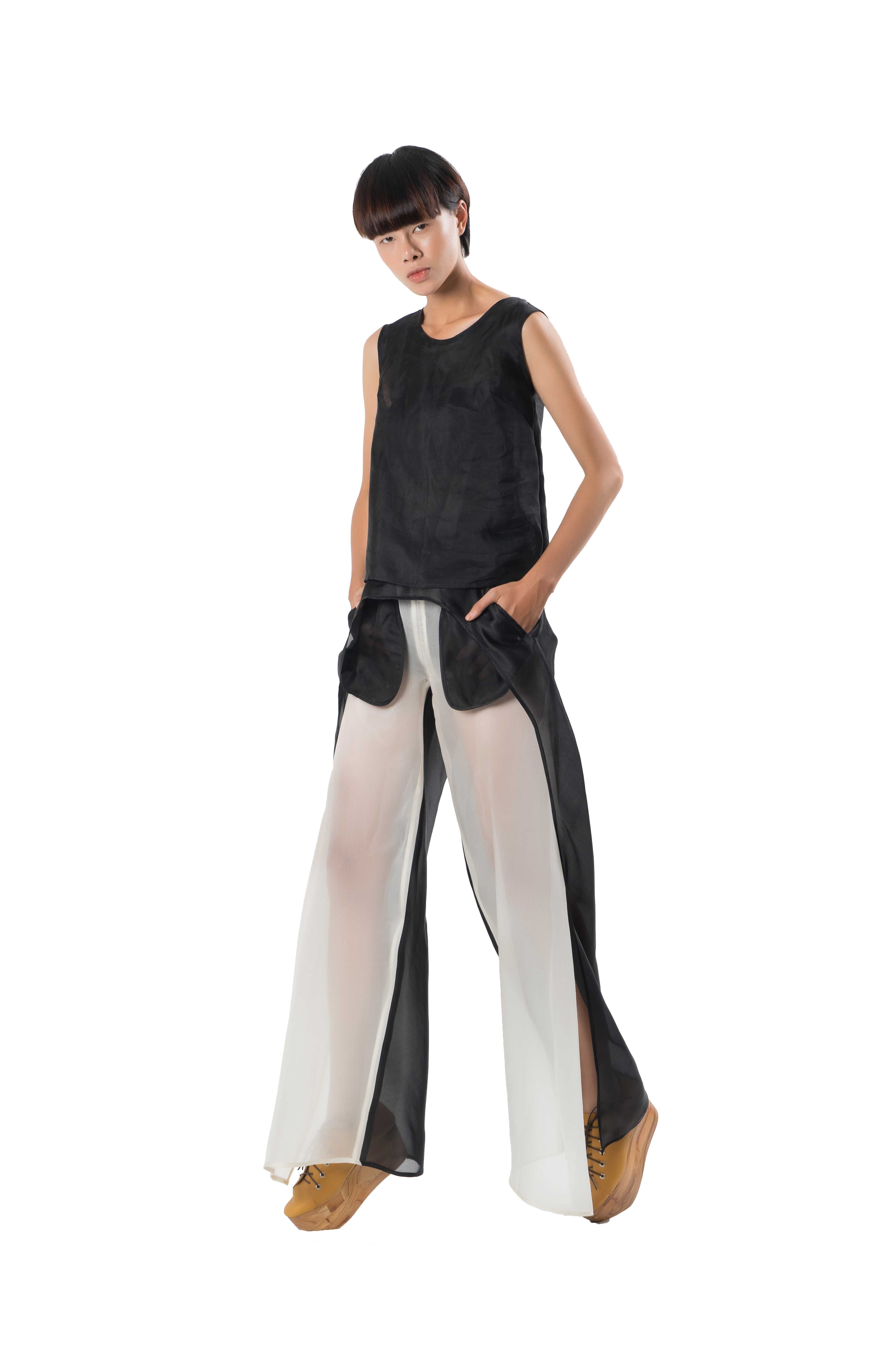 Contrasting black and white silk organza trousers